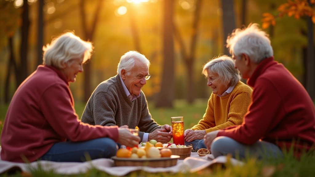 Senioru grupa sēž uz pikniku piknika segas ar ēdienu un dzērienu košu rudeni
