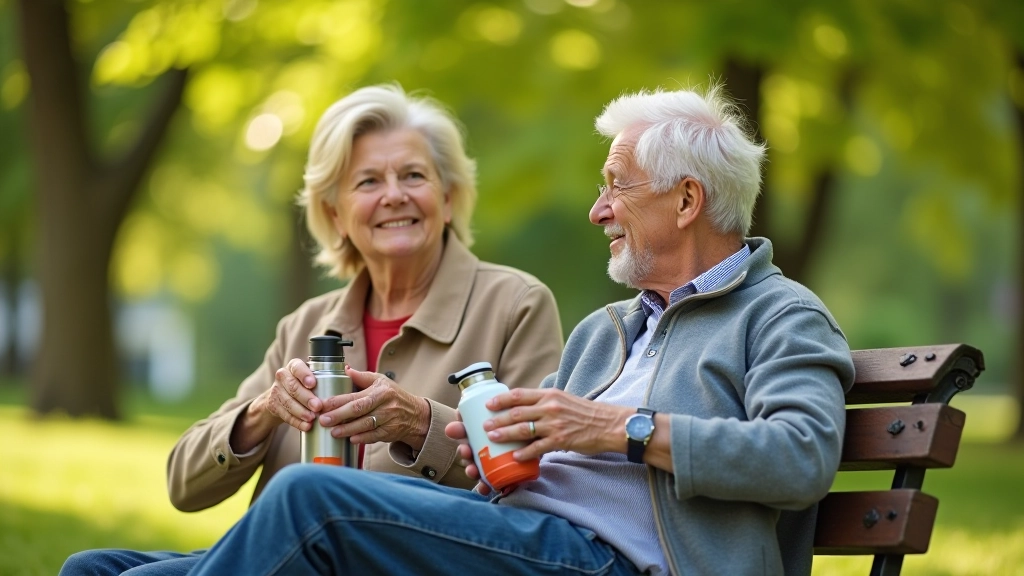 Divi seniori sēž kopā uz parka soliņa, skatoties uz daba